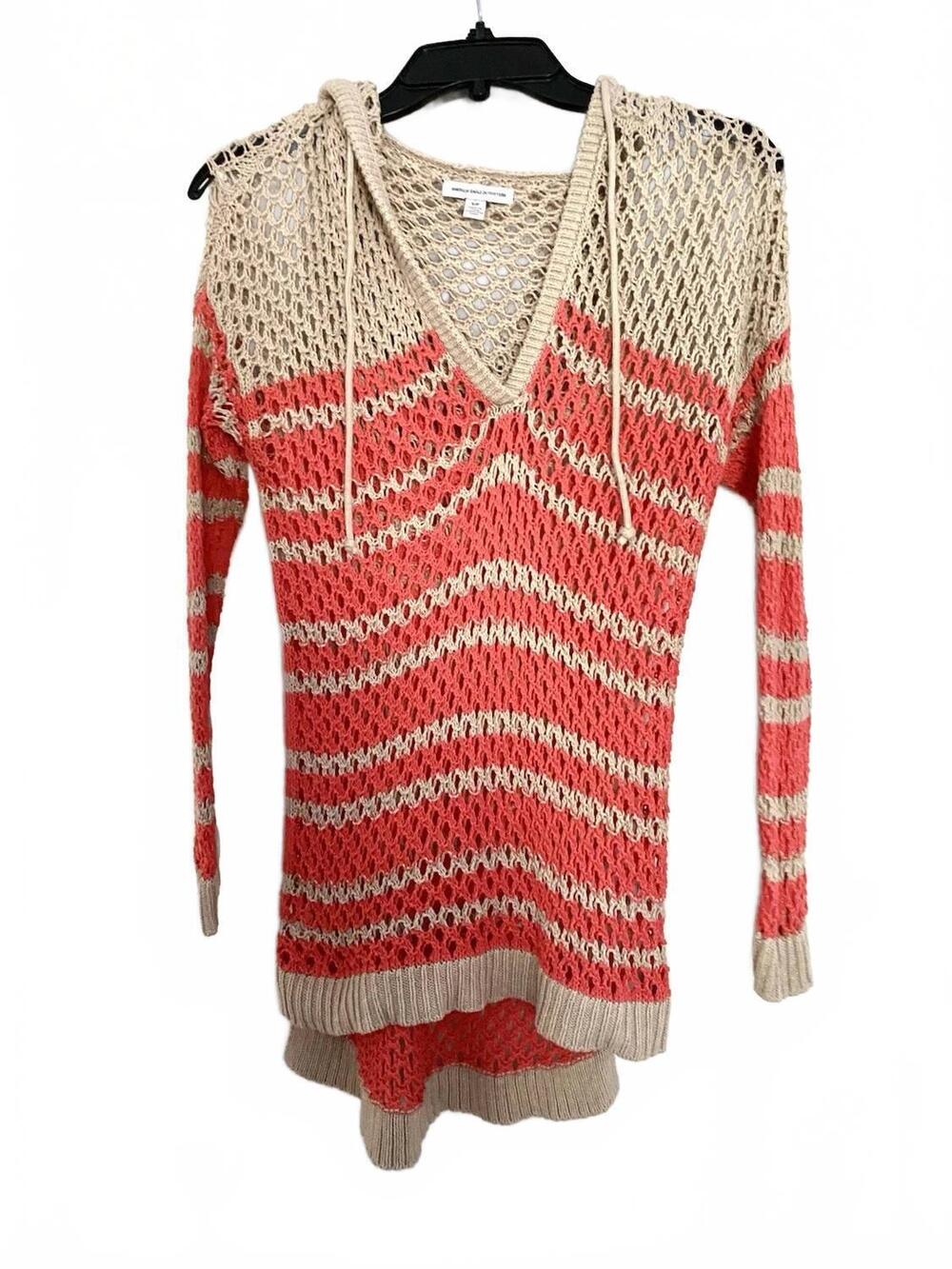 NEW AMERICAN EAGLE OUTFITTERS women's crochet sweater with hood in beige/ coral